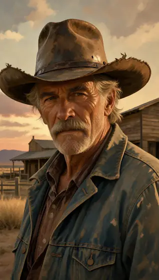 highly detailed illustrated portrait of an elderly cowboy, weathered face with deep wrinkles and a gray mustache, wearin