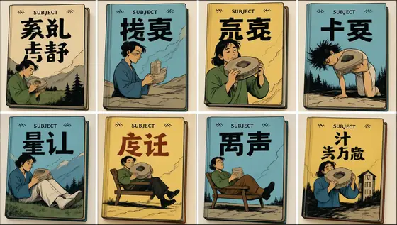 2x2 grid of four book covers in a 16:9 frame, each one is a non-copyrighted book cover design about "{$SUBJECT}", flat c