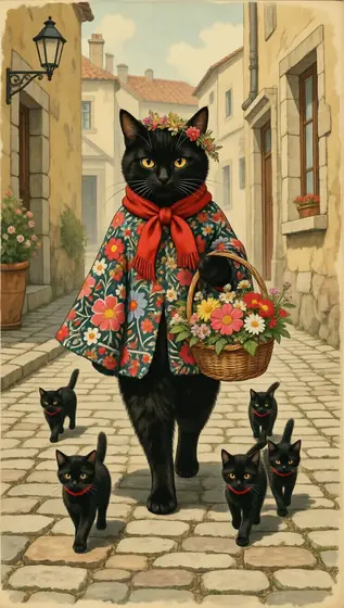 a black cat wearing a colorful floral cloak and red scarf carrying a basket of flowers, followed by four small black kit