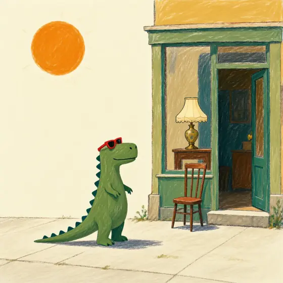 a simple charming hand-drawn illustration of a small vintage antique shop, one large cute green dinosaur wearing red sun