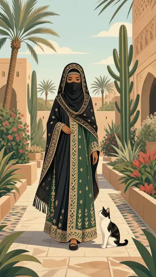 Modern illustration, Arabian veiled girl walking in a garden with her cat with different patterns on them