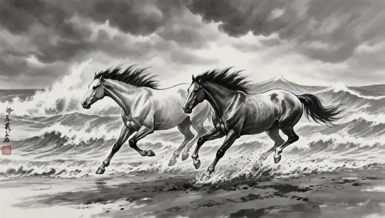two galloping horses on a stormy beach, dynamic ink wash painting style, dramatic swirling clouds and waves, monochrome 