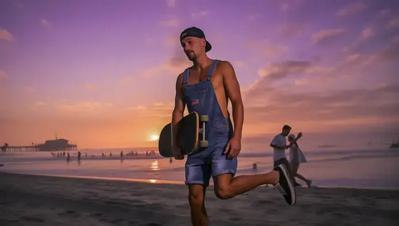 sunset a Santa Monica pier. Golde. Purple skys. handsom Man with a skateboard a backwards hat and overalls