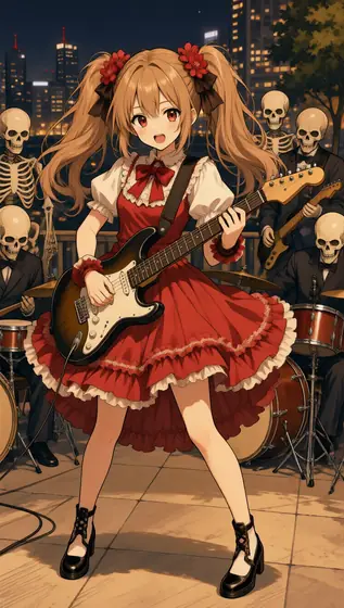anime girl playing electric guitar, vibrant red frilly dress, twin ponytails with red flowers, energetic pose, surrounde