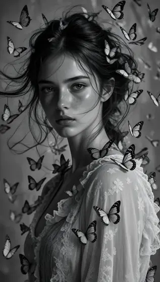 Stunning black and white fine art portrait of an ethereal young woman, intense direct gaze with poetic sorrow. Dark hair