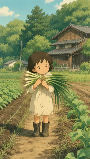 A small female child carrying an oversized bundle of freshly harvested green onions through a countryside vegetable fiel