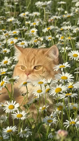 A big, chubby, ginger cat is hiding among a huge number of daisies; all you can see is its sly, cute little face
