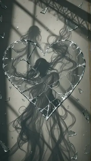 exposed photography, broken mirror effect heart, broken mirror, sharp edges of the mirror, ephemeral shadows, mysticism 