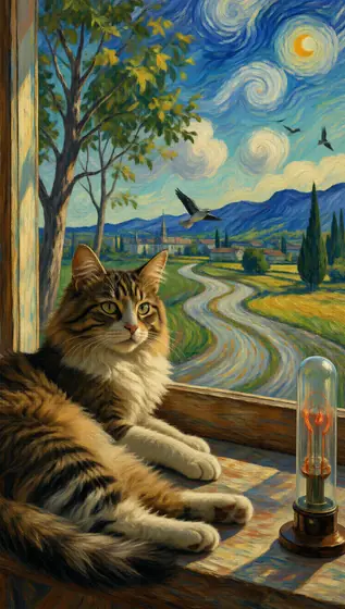 The cat lay on the windowsill and looked curiously at the birds outside, Nixie tube, plane symmetry, van gogh style, 2K,