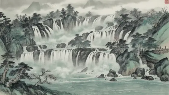 Ink painting flowing water, wealth, Crane Waterfall Lakes and Mountains, quiet, wide angle