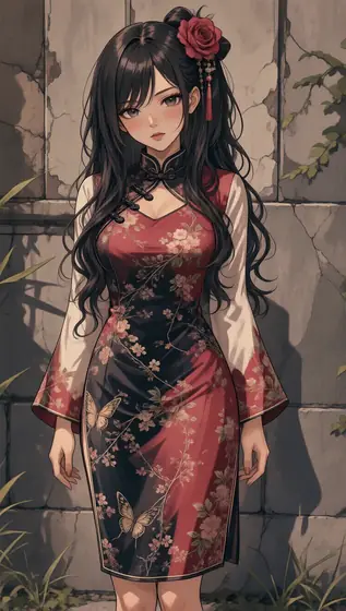 [SUBJECT/description],a pretty girl wearing a chinese dress, in the style of brandon woelfel, helene knoop, light red an
