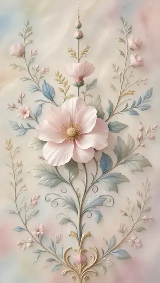 The [SUBJECT] in 'Ethereal Symphony', ornamented with delicate [COLOR1] floral patterns, accompanied by a symphony of so