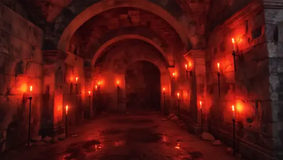 Location, abandoned underground room, red shades, candles, atmospheric, dramatic, beautiful