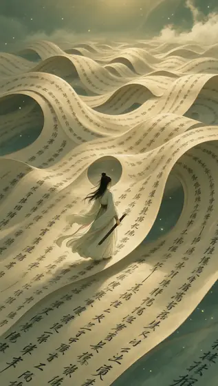 Drone perspective.A small ancient Chinese young woman walks on a number of undulating scrolls covered with calligraphy c