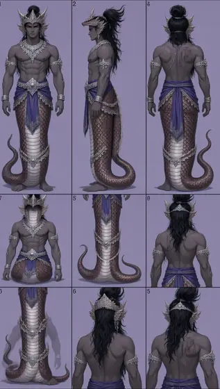 naga, man, half-snake man, lower body of a snake, upper body of a man, snake-man naga, man, mythical creature, jewelry, 