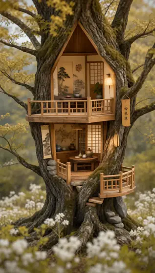 Miniature view, a treehouse in the woods, built on an old oak tree, with a multi-level terrace overlooking the first flo