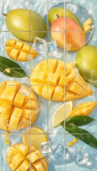 Mango, mango, mango, mango and ice photos, in yellow and water blue style, anime aesthetics. mango, gorgeous color32k uh