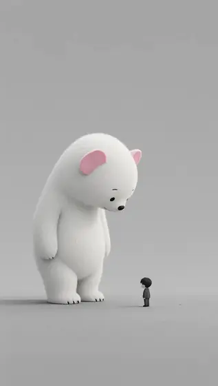 The movie poster features an adorable white bear with pink ears, looking down at the ground in profile. The background i