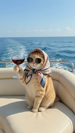 cute cat,sitting on a yacht sofa, head covered with silk scarf, wearing sunglasses, holding a wine glass with red wine, 