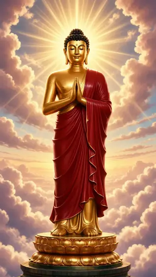 Buddha, standing on the lotus platform with his hands folded in front of him, with Buddha light rays shining behind it. 