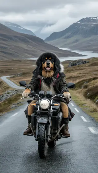 Tibetan Mastiff wearing a kilt riding a motorbike through the scottish highlands, photorealistic, 4K