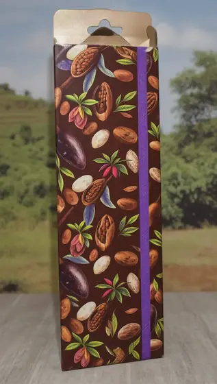 Chocolate gift box packaging design, brown and purple, pattern of cocoa beans, rectangular, side view, cocoa plantation 