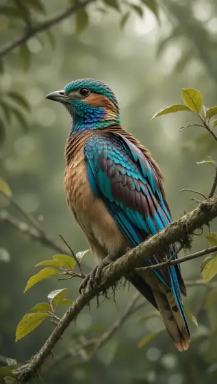 A very beautiful bird standing on a tree branch, colorful, surrealistic, ultra HD photography