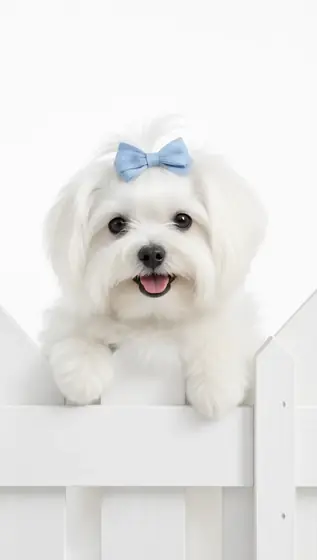 super cute maltese with blue sage bow on her head peeking over a pure white fence, directly at the camera, happy mood, m