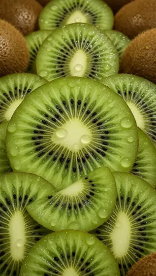 Highresolution photograph of closeup of kiwi slices, showcasing their vibrant green color and intricate patterns. The fo