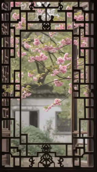 透过中国传统格子窗拍摄的粉色樱花花瓣，背景为模糊的绿叶和白色建筑，柔和的自然光，春季，宁静祥和的氛围，柔焦，粉色，复杂的木格子，宁静的花园场景，垂直构图，微妙的阴影，细腻的纹理，亚洲建筑，自然与艺术的融合，平静和沉思的心情，微妙的景深，高细