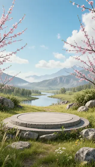 Empty round stage, spring, sunshine, pink peach blossoms, mountains in the distance, rivers through grass, grass and roc