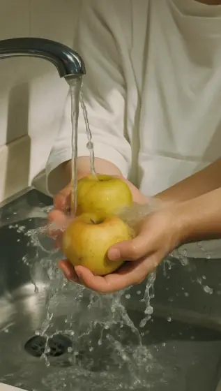 washing the apple , splashing water droplets, volumetric lighting, soft, film photography