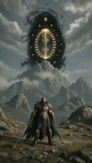 A video game art style scene of a giant Master stands at ground level looking the portal,an fantastic black portal in th