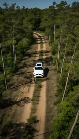 （wide-angle view,Bottom view,forty-five degree angle,）BMW X5，white car,(driving on road,)natural sunlight,forest,spring,