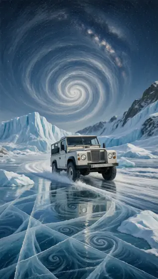 Red old Land Rover Defender SUV driving on the ice, a painting of the glacial Milky Way, spiral swirl pattern style, whi