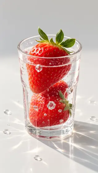 White background, glass strawberries, pink color, bright light and shadow, sparkling like diamonds, ultra-realistic phot