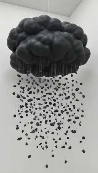 A large dark gray metal sculpture of an irregular circular cloud hanging from the ceiling, with hundreds of small black 