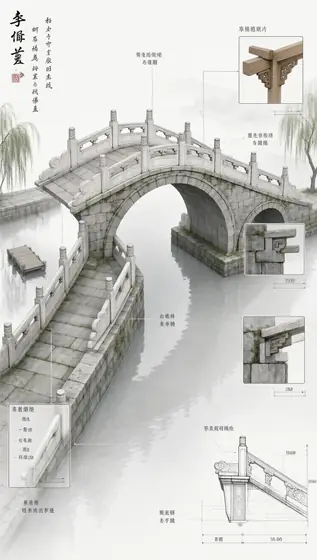 a conceptual architectural blueprint of a traditional Chinese arch stone bridge in Jiangnan style, 3D rendered main stru