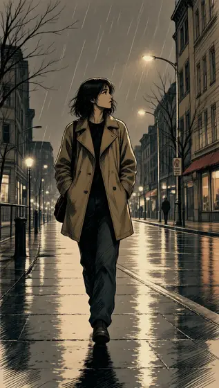 a lone woman walking through a rainy city street at night, narrative illustration with expressive ink linework and soft 
