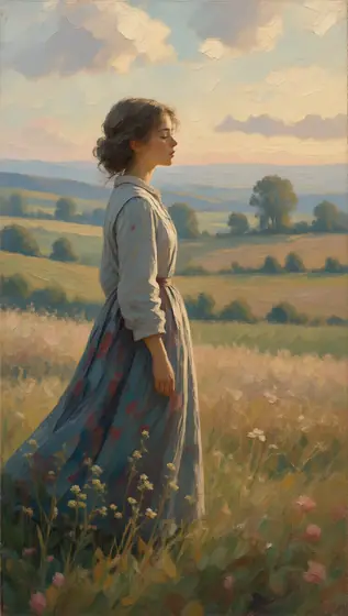 [SUBJECT] portrayed as an Impasto Pastoral Serenity, standing in a tranquil countryside landscape, thick tactile oil pai