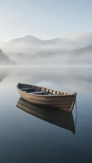 a small wooden boat floating quietly on a perfectly still lake, surrounded by thick morning fog, the water like a mirror