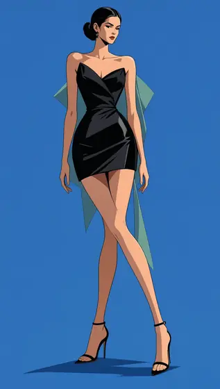 a flat vector fashion illustration, one elongated female figure posing like a runway model, exaggerated limbs and small 