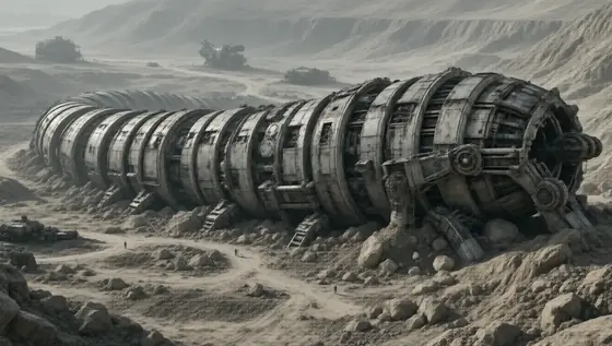 massive ancient abandoned alien mining machine in the shape of a gigantic worm, colossal industrial structure coiled acr