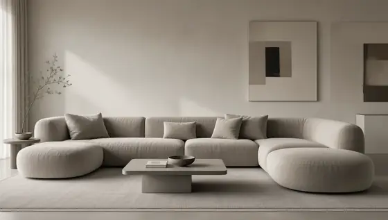 minimalist living room interior, high-end designer sofa as the main focus, low modular sofa with rounded corners and sof