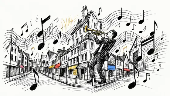 jazz city sketch illustration, hand-drawn line art style, visualizing “the shape of sound”, urban streets and buildings 