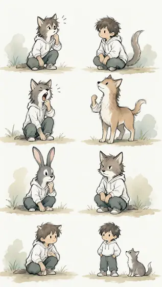 a series of contemporary narrative children’s illustrations, loose sketch-like ink linework with transparent watercolor 