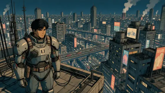 a vast retrofuturistic cyberpunk city at night, dense high-rise buildings, overpasses and neon billboards, industrial sm