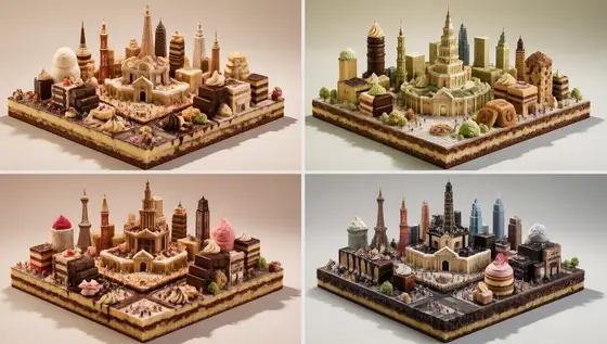 2x2 grid layout, 4 famous cities turned into separate dessert-themed 3D dioramas, each cell is a miniature scene: the ci