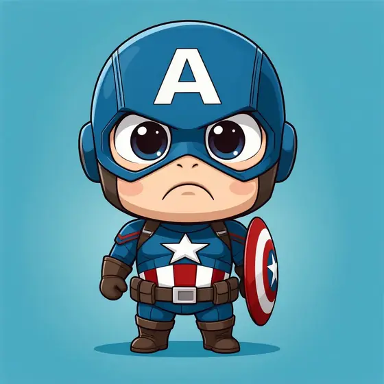 Captain America character design, cute cartoon style, rounded shapes, big eyes and exaggerated facial expression, simpli