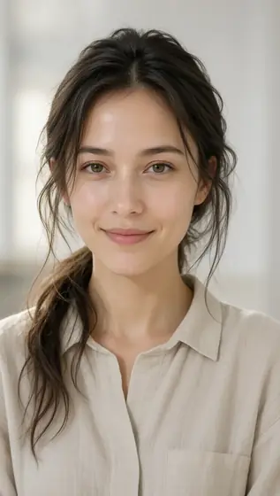 A realistic portrait of a young woman, front view, gentle smile, detailed skin texture, natural hair strands, light make